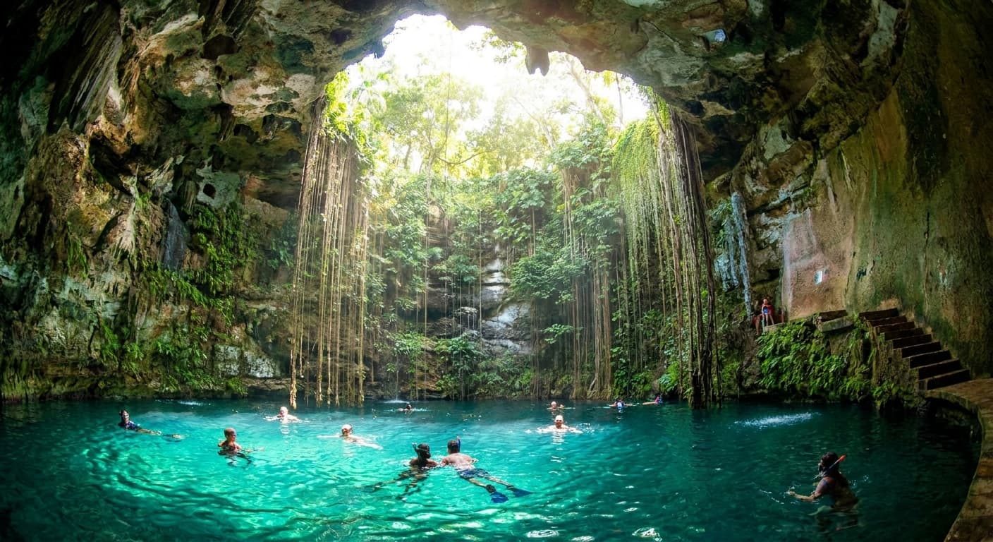 A sunbeam falling into a hidden cenote with turquoise water