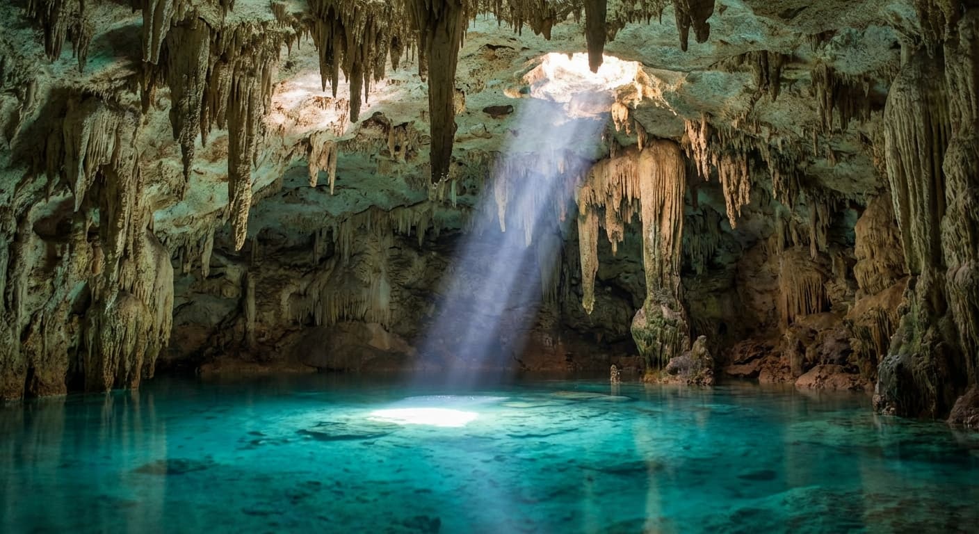 A sunbeam falling into a hidden cenote with turquoise water