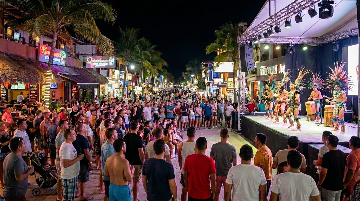 Fifth Avenue in Playa del Carmen at night