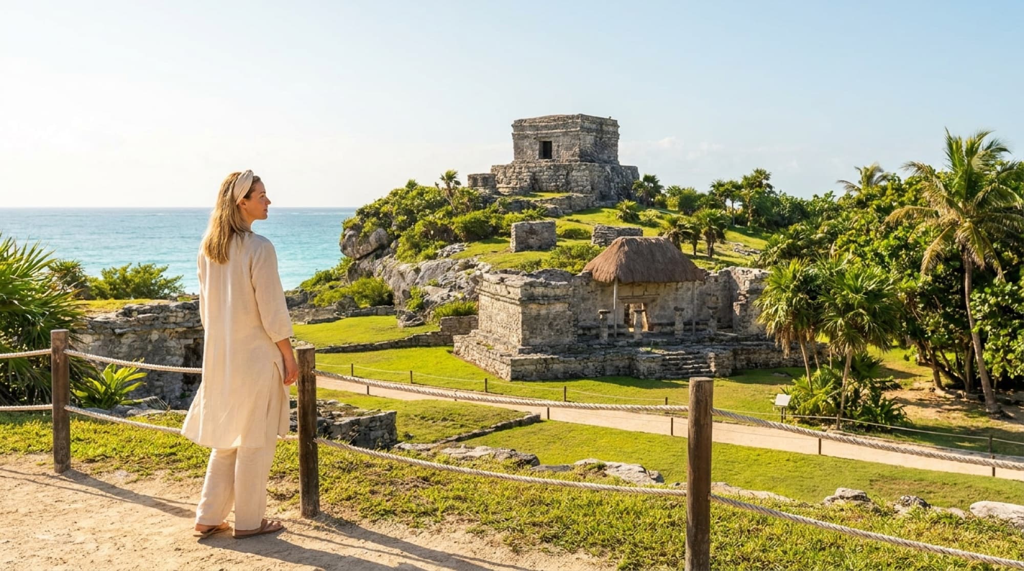 Tulum archaeological site — El Castillo pyramid above the Caribbean Sea