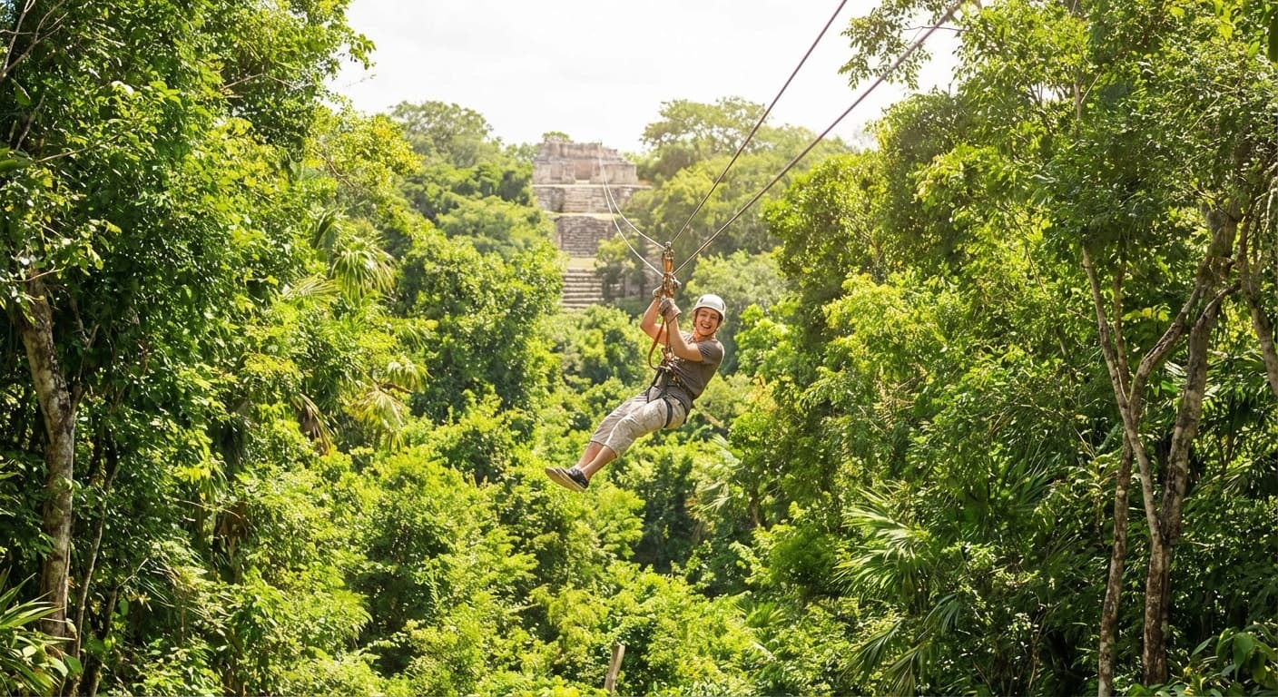 Traveler riding a zip-line above the jungle canopy near Mayan ruins