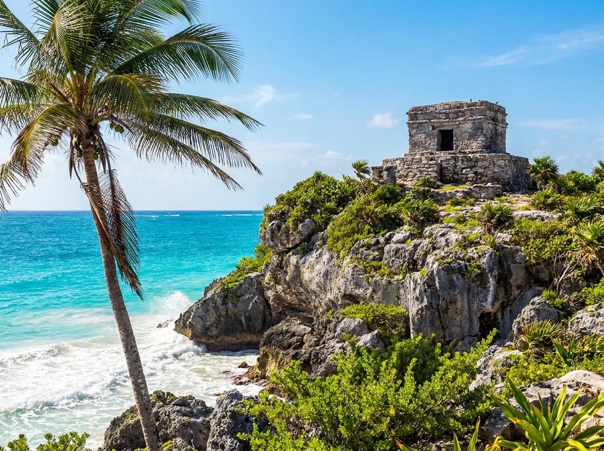 Tulum archaeological site — El Castillo pyramid above the Caribbean Sea